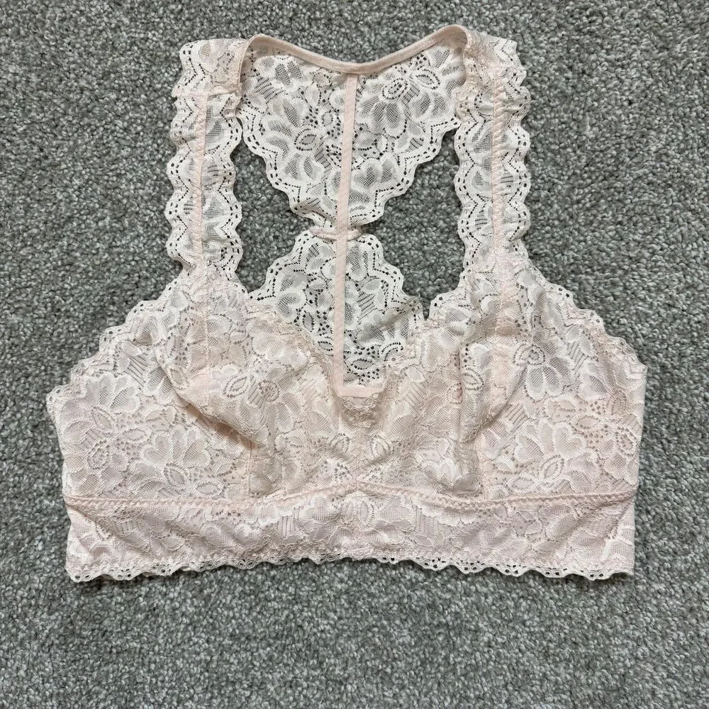 Felina Lingerie Bralette Womens Medium Pink Lace Racerback Wireless Sexy Girly